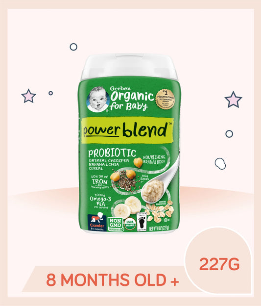 Gerber Organic Powerblend Probiotic Chickpea, Banana and Chia Cereal 227G